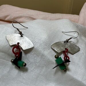 Artistic Silver and Green Dangle Earrings